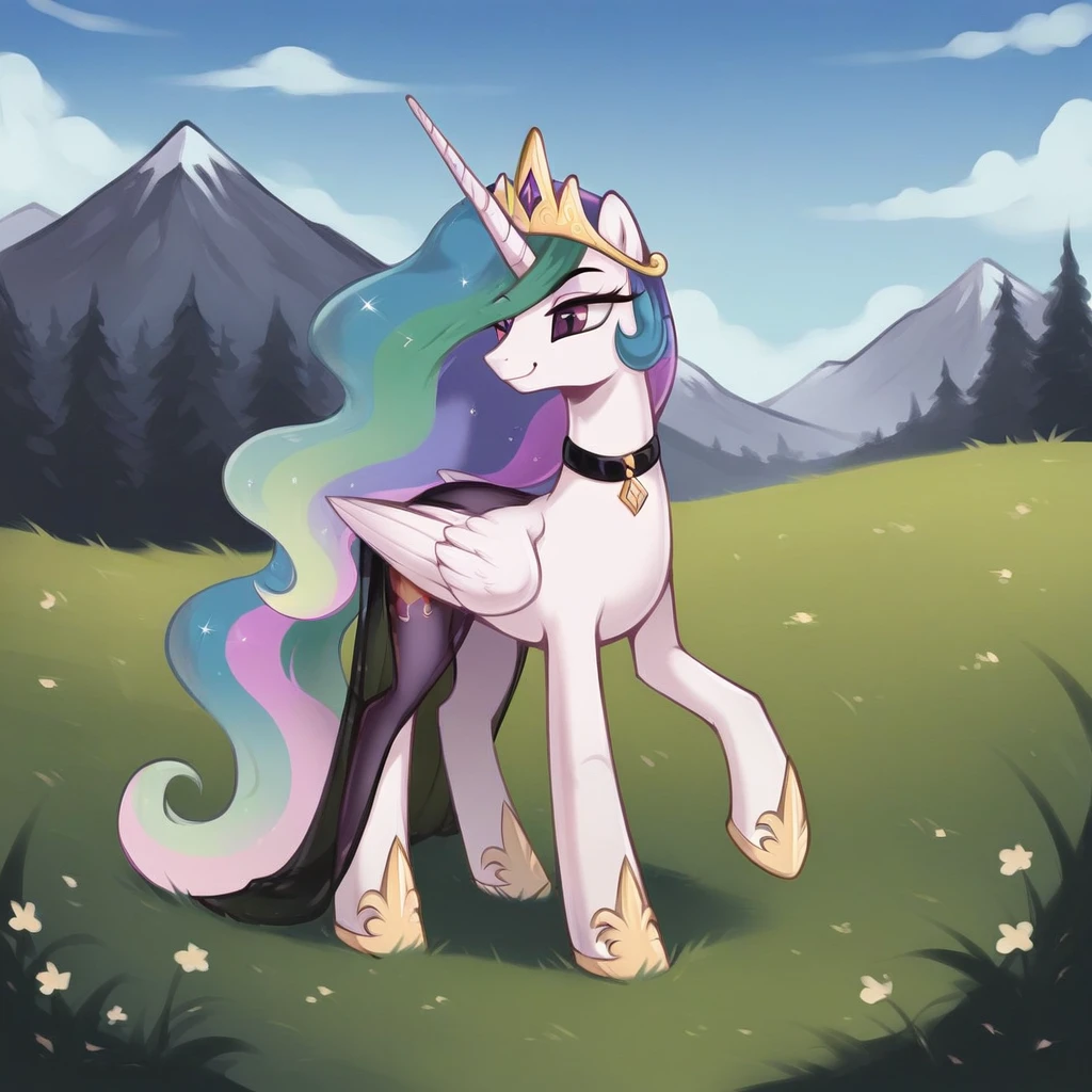 score_9, score_8_up, score_7_up, score_6_up, score_5_up, score_4_up, rating_explicit, outdoors, purple (see through dress and neck choker), solo, feral pony, princess celestia, evil smile, closed mouth,BREAK mountain, day, sky, flower, mountainous horizon, blue sky, grass