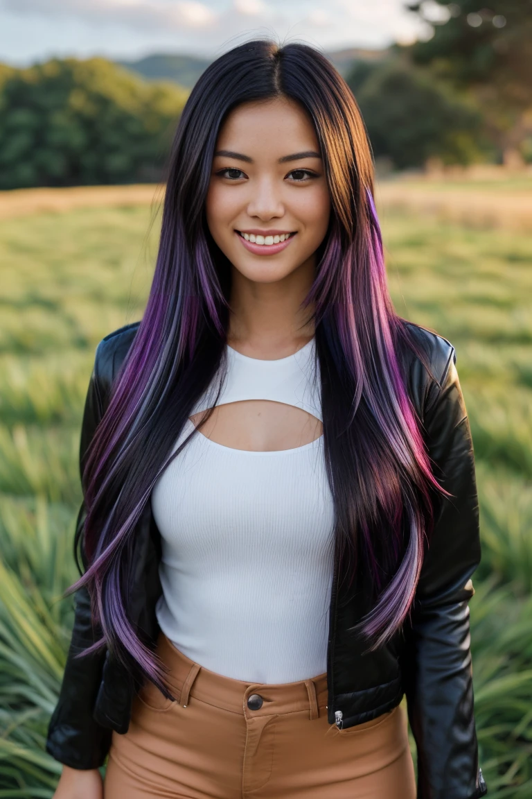 arafed woman with long black hair with purple highlights, flowing black hair with, with black hair, photo of a beautiful woman, long flowing black hair, black golden hour, curly black hair, beautiful young asian woman, beautiful asian woman, wild ginger hair, pink wispy hair, light black hair, a young asian woman, an asian woman, infp young woman, full body photo of a 24-year-old french girl in RAW UHD format (Brown-eyed woman) , surfing), Details (textures! , Hair! , glistering, Color!! , imperfections: 1.1), highly detailed glossy eyes (looking at the camera), DSLR Lighting, SLR camera, Ultra-Quality, sharpness, Depth of field, Film grain , Fujifilm XT3, Crystal clear, Frame Center, beautiful face, sharp-focus, bokeh (sunlight), (open sky), detailed skin pores, oilly skin, suntan, Complex eye details, (((smiling))), ((grass)), green grass background, (((full body))), Jacket, tight blue pants, warm jacket, cloudy, (((full body))),(((distance)))