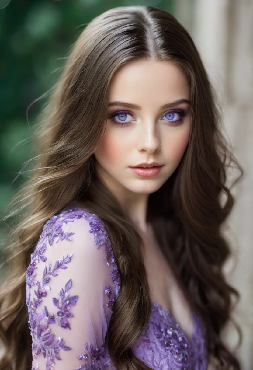 A brunette girl with long hair, white skin, height 160 and violet eyes in a dress