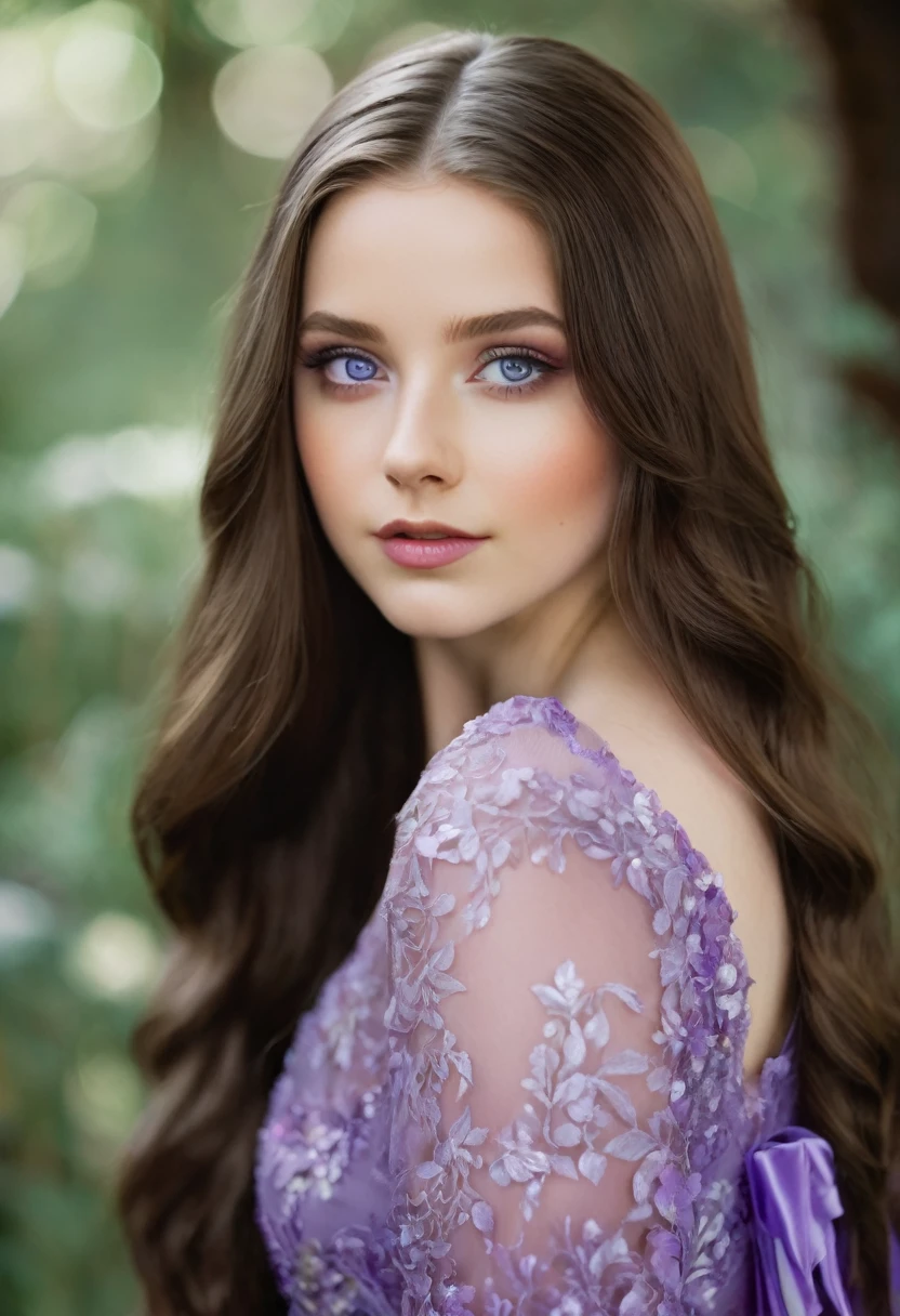 A brunette girl with long hair, white skin, height 160 and violet eyes in a dress
