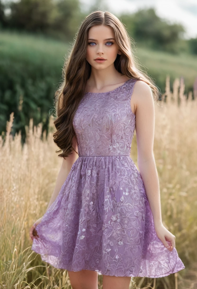 A brunette girl with long hair, white skin, height 160 and violet eyes in a dress