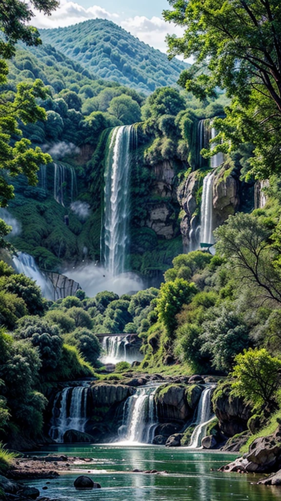 Open landscape with birds, many trees, green vegetation with rivers and waterfalls