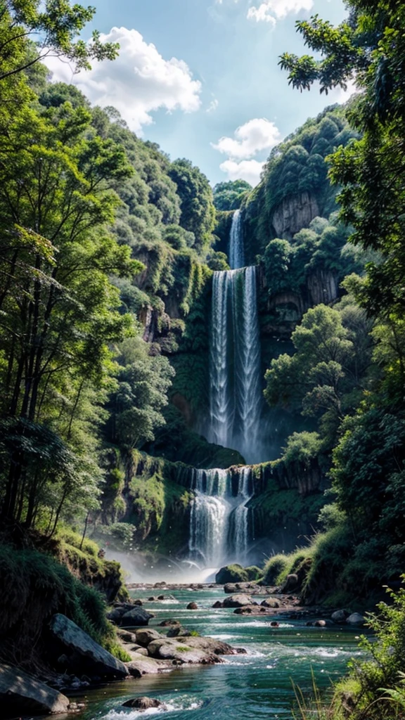 Open landscape with birds, many trees, green vegetation with rivers and waterfalls