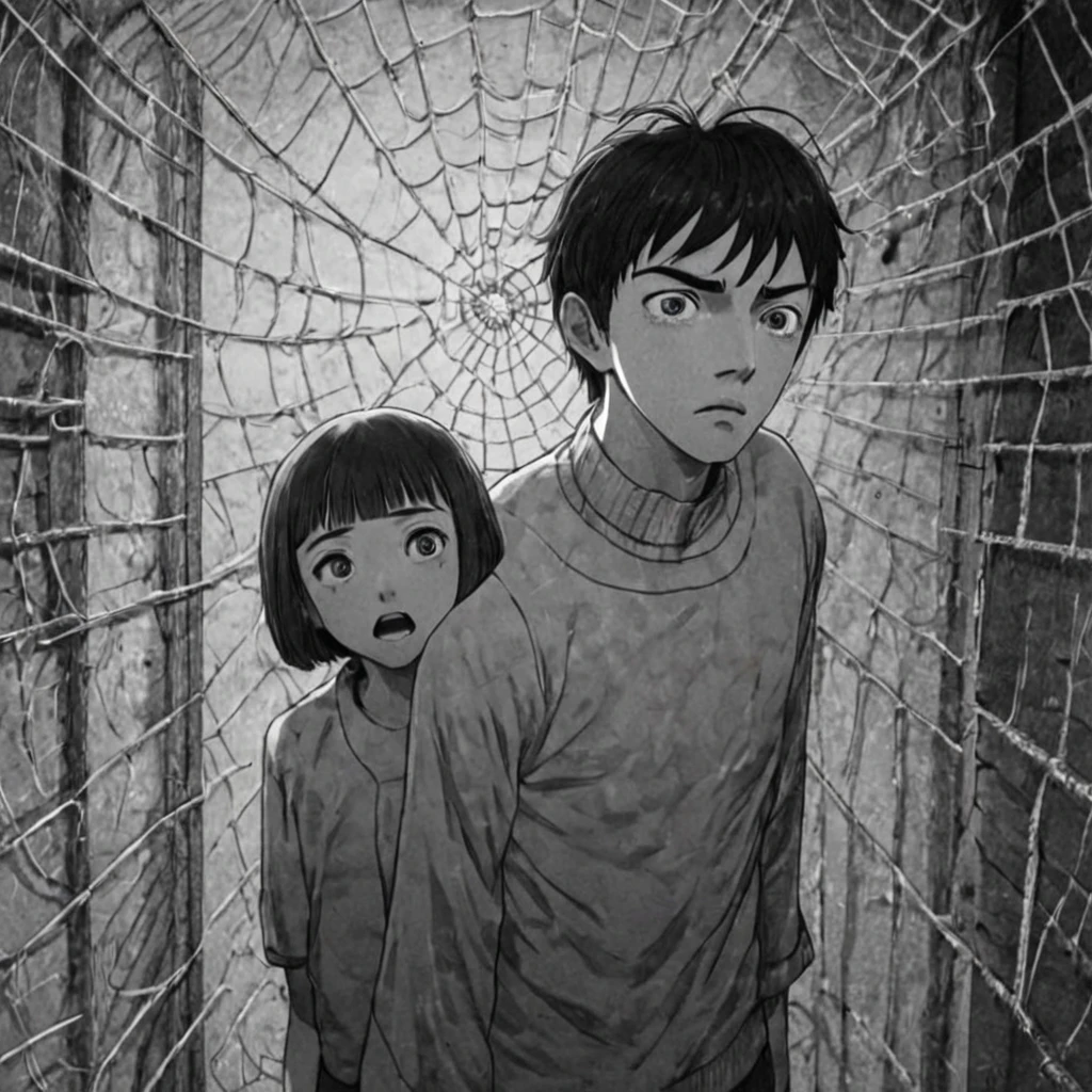 trapped in a spider web, (anime), bizarre scenario, Junji Ito, Yusuke Murata, black and white, 8k, anime, horror