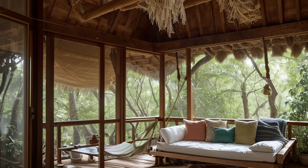 //Environment
Treehouse Interior,
BREAK
//Details
For a whimsical and cozy scene, envision the interior of a large treehouse nestled among the branches of a grand tree, Include elements such as wooden floors and walls with a natural, rustic finish, large windows letting in ample sunlight, and leafy branches peeking through,
BREAK
Add comfortable furnishings like a plush sofa with colorful cushions, a small wooden table, and a hammock for relaxation, Incorporate summer details such as potted plants, string lights, and a gentle breeze flowing through the open windows, creating an inviting and enchanting atmosphere that captures the essence of a perfect summer day in a treehouse,
BREAK
