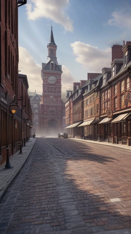 a provincial town in the 19th century, crossroads street, a bar, a hotel, (best quality,4k,8k,highres,masterpiece:1.2),ultra-detailed,(realistic,photorealistic,photo-realistic:1.37),detailed architecture, cobblestone streets, brick buildings, wood buildings, ornate facades, steam locomobiles
