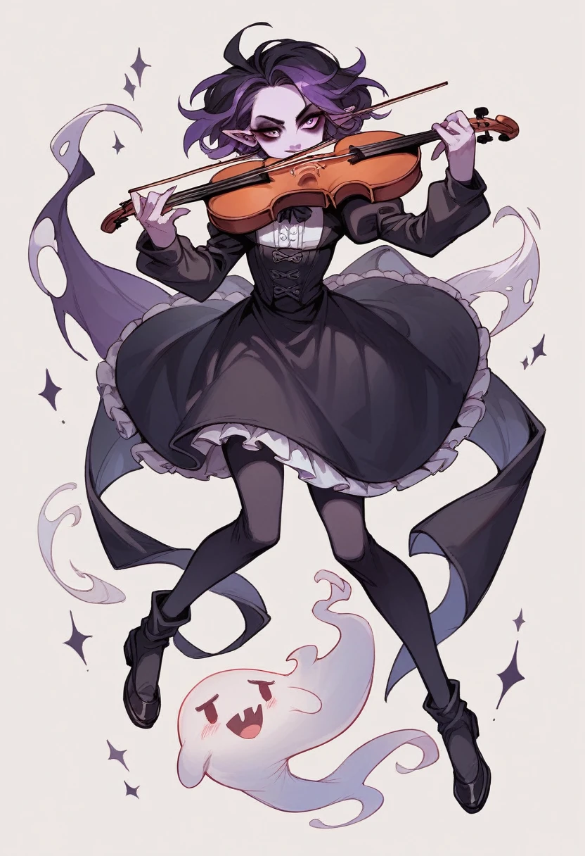 a gothic bard, a purple humanoid ghost behind him that is playing the violin