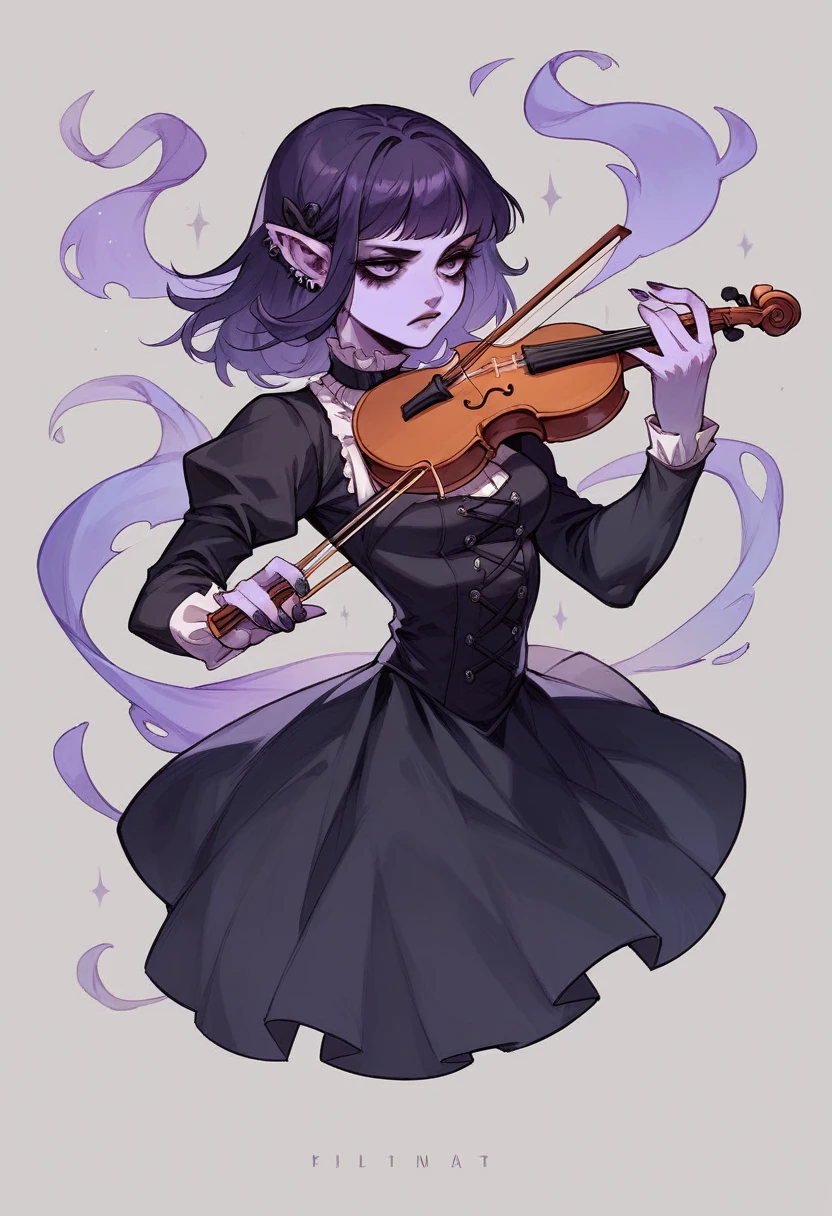 a gothic bard, a purple humanoid ghost behind him that is playing the violin