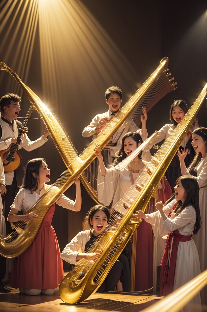 photoshot: A group of people singing and playing musical instruments happily, celebrating the greatness of God.
digitl art: Rays of light emanating from the sky, lighting up a face in an expression of praise and gratitude.
water colour: A golden harp with shining strings, musical notes floating around you.