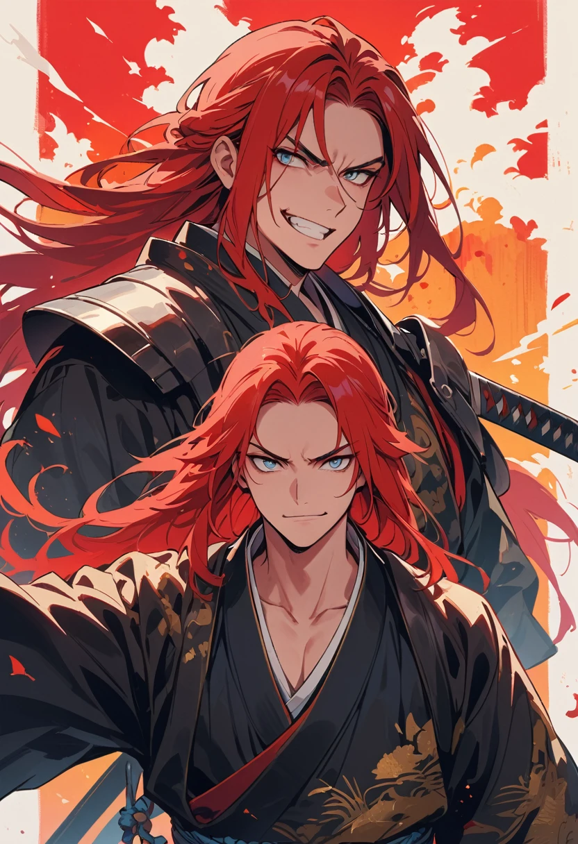 Male Samurai, long hair, red hair, white eyes, Schwert in beiden Händen, angry look, smiling, 4k, high res, masterpiece, detailed face, illustration