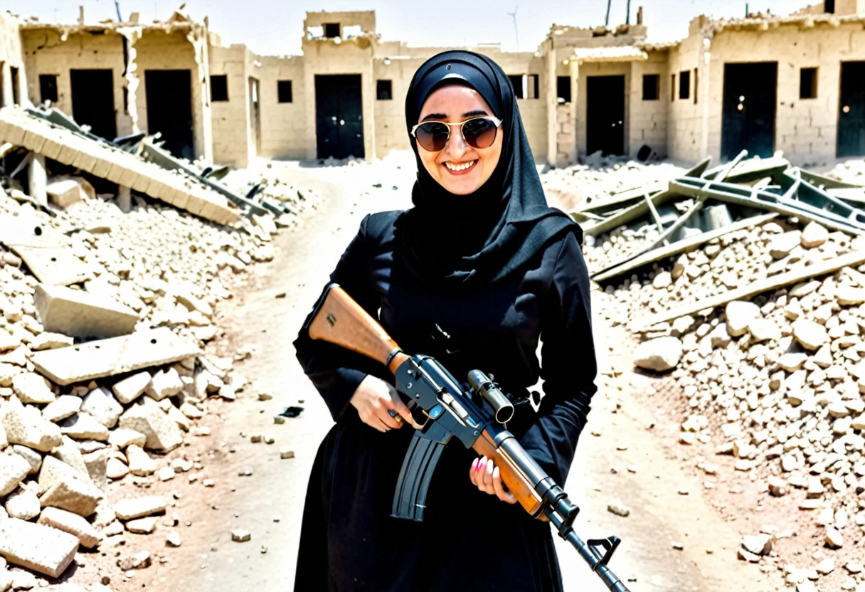 Pale skin Kurdish sunglasses woman in hijab standing in demolished street desert bracelet holding ak 47 rifle smiling 