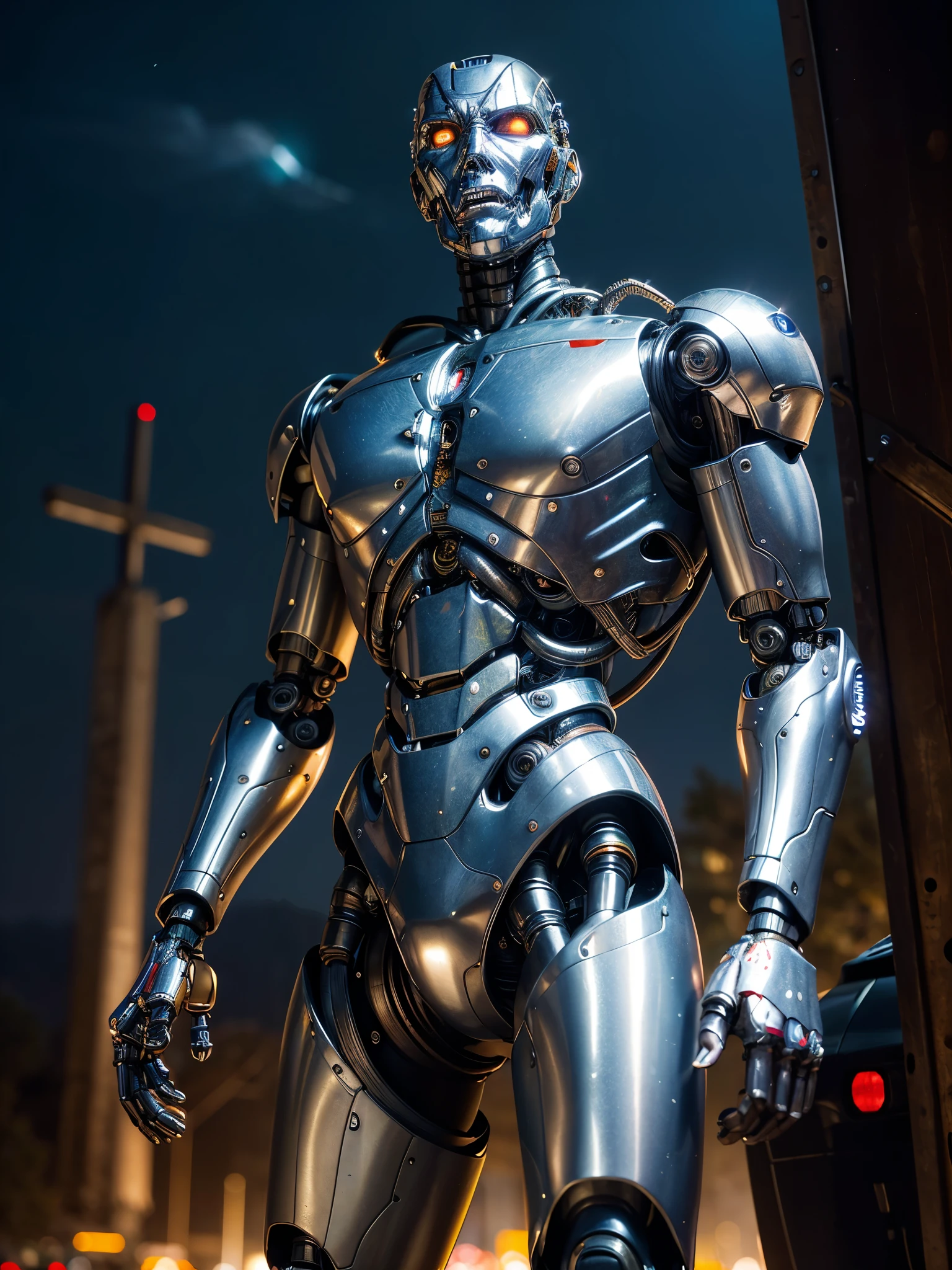 (best quality, masterpiece, highest detailed), (photorealistic:1.2), (detailed light:1.2), (Realistic skin texture:1.4), raw photo, fantastic style, professional photo ,man and kior, half-human, half-  machine, (terminator), in the robot cemetery, night, future war, (in the background there is a robot cemetery)