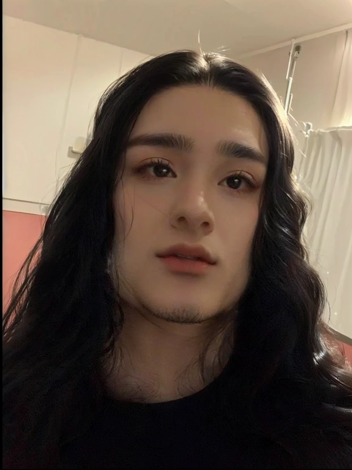 Man with long hair and black shirt is taking a selfie, 18 years old, with her long black hair, 1 6 years old, taken at the beginning of 2020, with long hair and piercing eyes, 22 years old, young man with long hair, 21 years old, 23 year old, with long dark hair