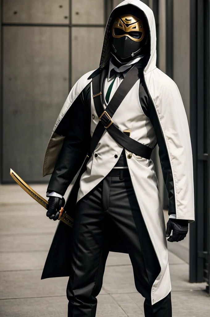 A suit, White boots, black-gray pants, brown strap, black jacket with hood on, black and green bib, white mask with golden eyes, and 2 katanas on the back