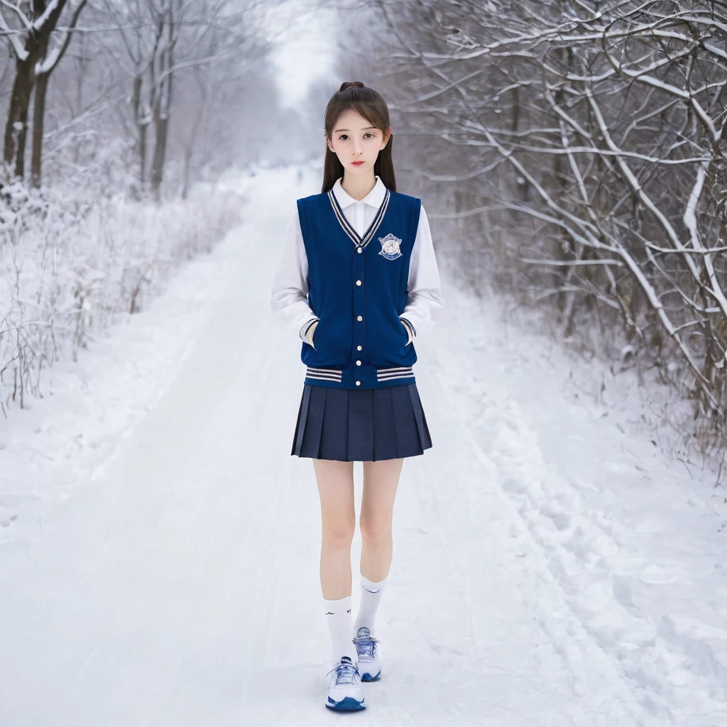 very skinny beautiful girl,16 years old,height 167cm,Weight 39kg,Waist 52 cm,wear uniform,mini skirt,white sports socks,running shoes,To the vest line,My legs are very thin,Your skin is very white,outdoor,snow day