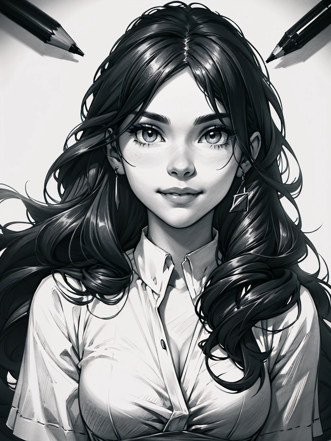sketching,pencil drawing,Portrait of a Young Woman,longwavy hair,ssmile,Professional Dress,Black and white picture,Black and white art,Black and white illustration,super-fine,Hair is carefully described,The eyes are carefully depicted,best qualtiy,8K resolution