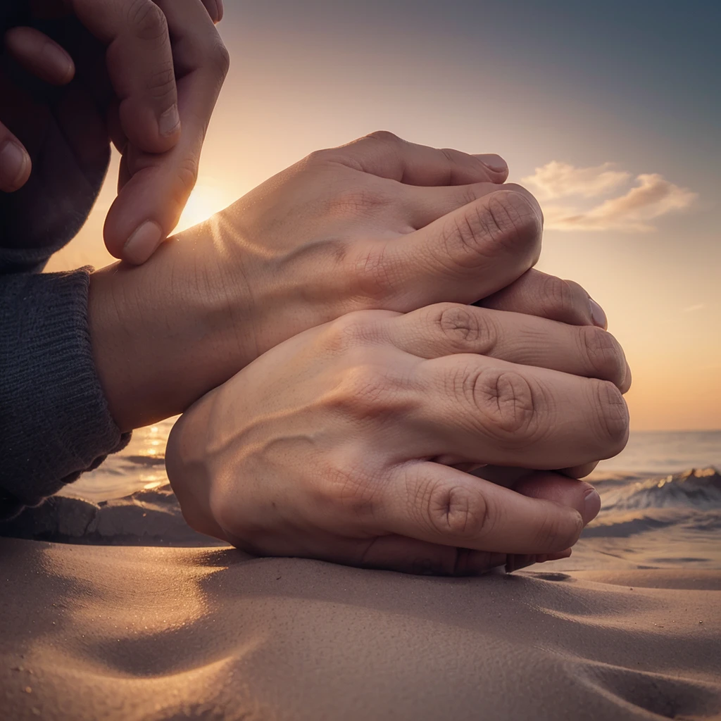 A hand raising one fingure ,relestic,whitehand, gradients ,soft skin tone ,dawn in back ground,with text (GOD IS ONE) in old English font