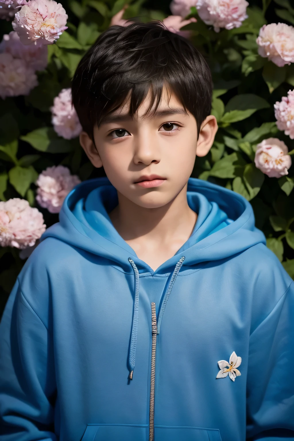 An arafed young boy in a blue hoodie looking at the camera, at the flowers garden, with aclittle sime, looking at viewer, detailed portrait shot, portrait of 12 years orait of 12 - year - old boy, half body portrait, enes dirig, realistic photo