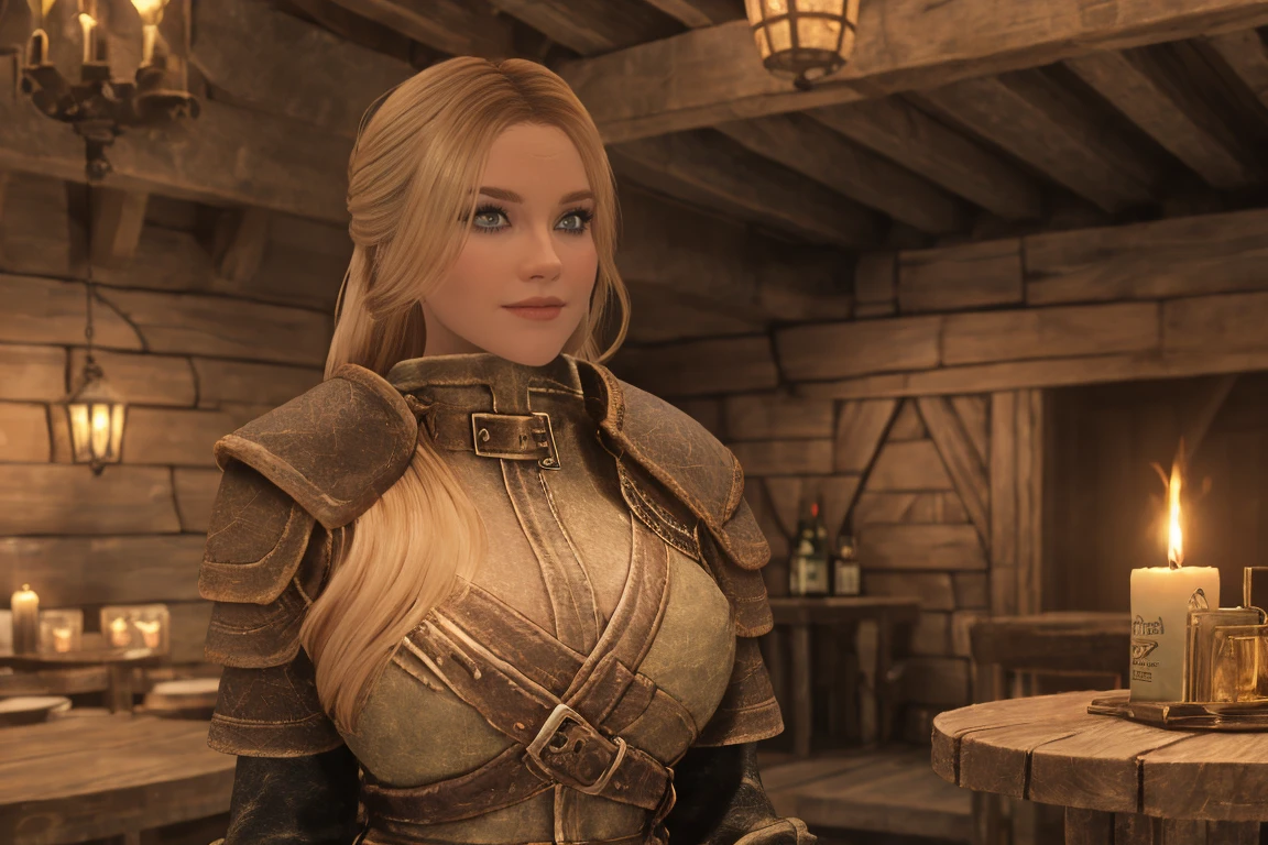 A sensual blonde female Breton warrior, her piercing green eyes locking onto yours, her full lips curved into a flirtatious smile. She leans against the wooden beam of a rustic tavern, her leather armor accentuating her curves. The warm glow of candlelight casts a golden hue on her face, as she raises an eyebrow and whispers a tantalizing phrase in your ear, full body height, female breton