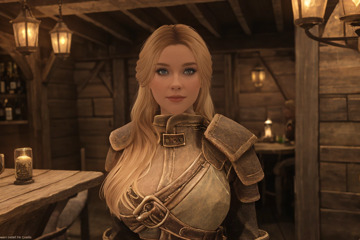 A sensual blonde female Breton warrior, her piercing green eyes locking onto yours, her full lips curved into a flirtatious smile. She leans against the wooden beam of a rustic tavern, her leather armor accentuating her curves. The warm glow of candlelight casts a golden hue on her face, as she raises an eyebrow and whispers a tantalizing phrase in your ear, full body height, female breton