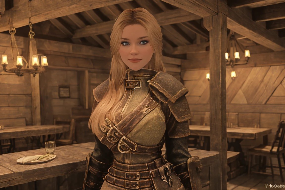 A sensual blonde female Breton warrior, her piercing green eyes locking onto yours, her full lips curved into a flirtatious smile. She leans against the wooden beam of a rustic tavern, her leather armor accentuating her curves. The warm glow of candlelight casts a golden hue on her face, as she raises an eyebrow and whispers a tantalizing phrase in your ear, full body height, female breton