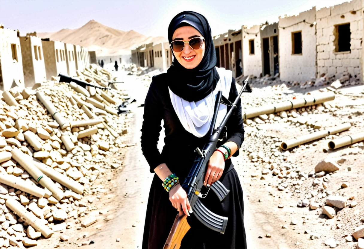Pale skin Kurdish sunglasses woman in hijab standing in demolished street desert bracelet holding ak 47 rifle smiling