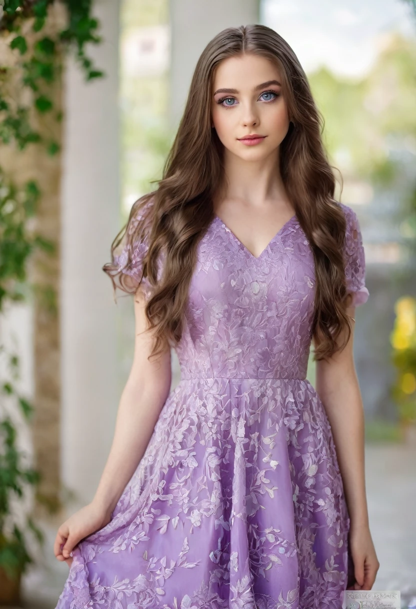 A brunette girl 16 років, with long hair, white skin, height 160 and violet eyes in a dress