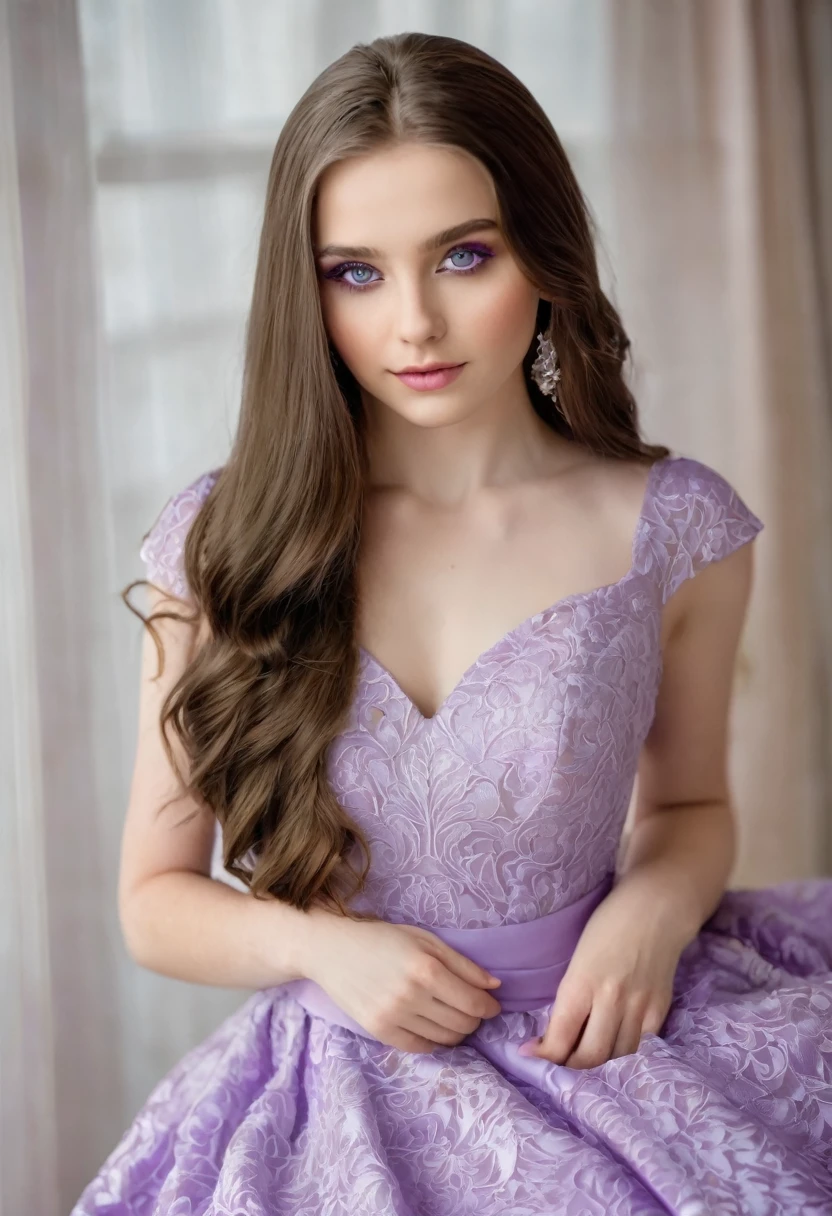 A brunette girl  років, with long hair, white skin, height 160 and violet eyes in a dress