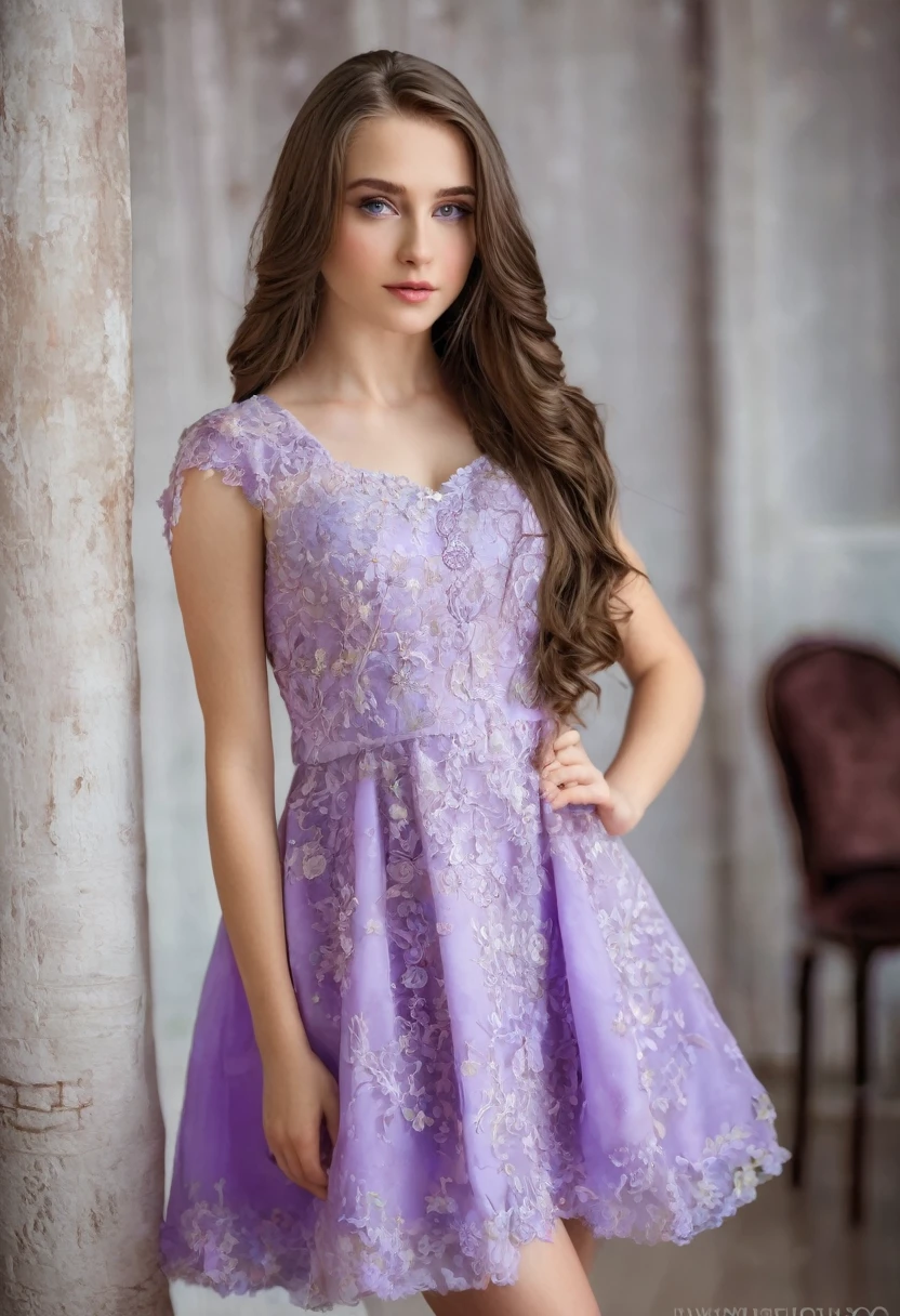 A brunette girl 16 років, with long hair, white skin, height 160 and violet eyes in a dress