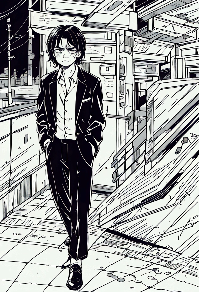 nice boy, Messy hair, expression of dissatisfaction, (dissatisfied face), wrinkled formal clothes, Em uma cidade grande