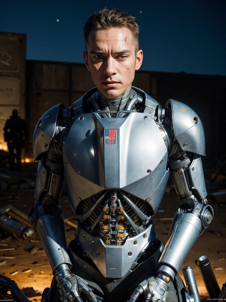 (best quality, masterpiece, highest detailed), (photorealistic:1.2), (detailed light:1.2), (Realistic skin texture:1.4), raw photo, fantastic style, professional portrait, man and kior, half-human, half-  machine, (terminator), in the robot cemetery, night, future war, (in the background there is a robot cemetery)