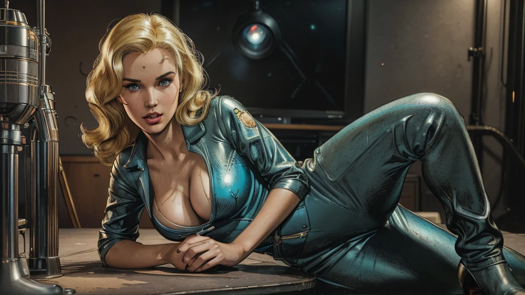 1girl,1950s retro comic,sci-fi,slender hot blonde,realistic proportions,tight jumpsuit,cleavage,looking at camera,(best quality,4k,8k,highres,masterpiece:1.2),ultra-detailed,(realistic,photorealistic,photo-realistic:1.37),HDR,studio lighting,extreme detail description,professional,vivid colors,concept art