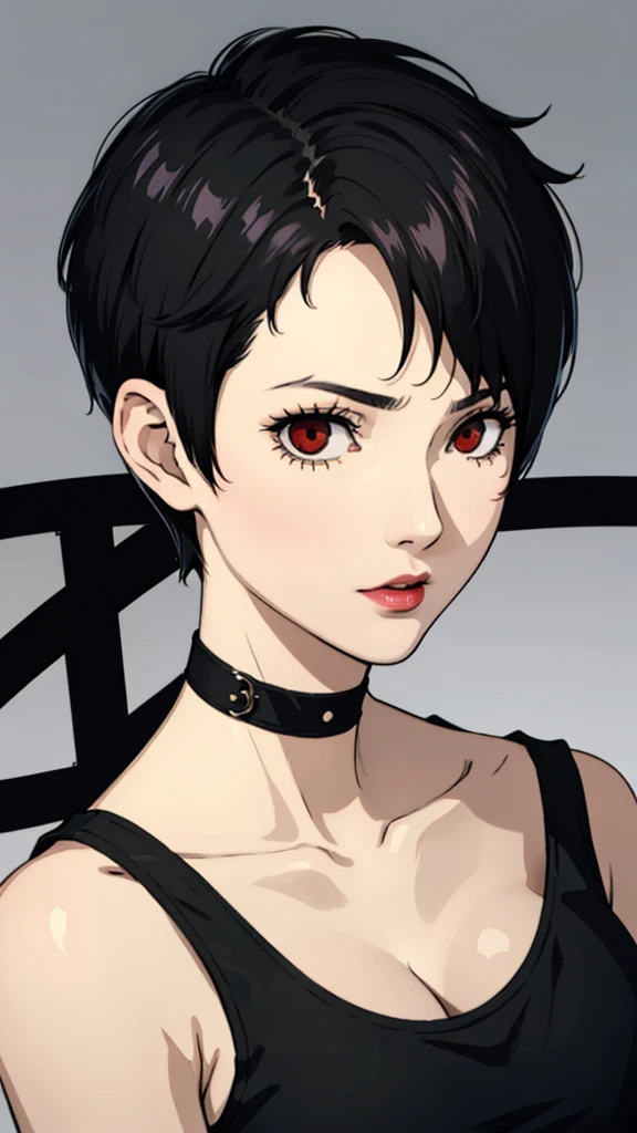 1 girl, , Red eyes, very Short hair, hair over one eye, black choker, lipstick, sad, black hair, tomboy Pixie haircut, tomboy Pixie haircut, tank top, huge breartrait