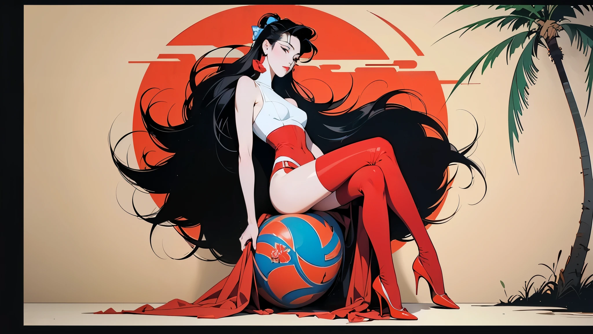 ((Art style by Patrick Nagel)), ((8k, wallpaper, detailed)), korean popstar, thighhighs, high heels, long legs, black hair, pretty hands, fringe, full body, samurai sword, (multiple girls:1.4), simple red background, palm trees, (graffiti wall:1.2), muscular, strong, courageous, art by Patrick Nagel