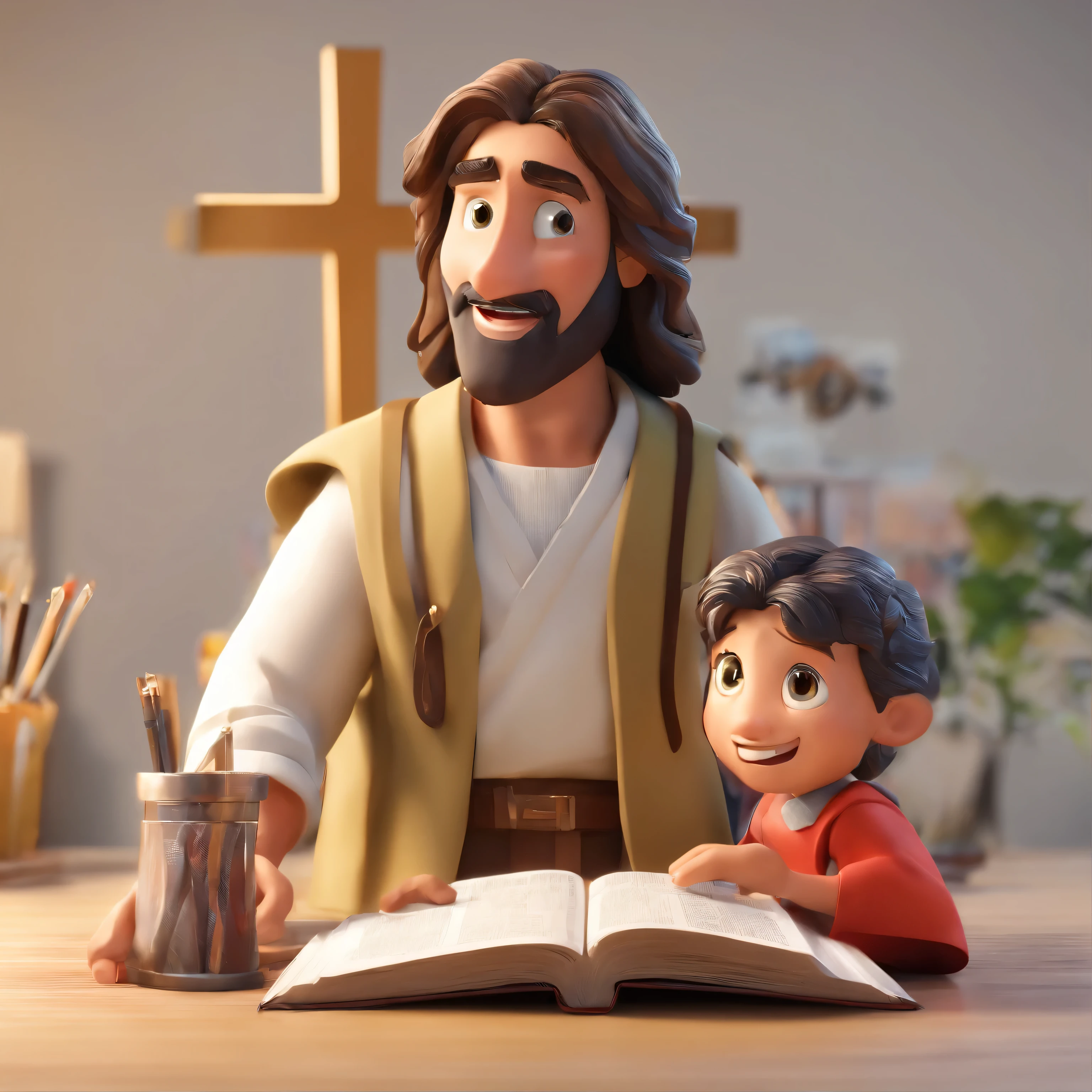 Create a poster inspired by Disney Pixar with the character being the 33-year-old young man working with Ti in front of the computer, he is dark-skinned, Scrawny, black fade cut hair, light brown eyes, in an office with a Bible on the table and Jesus Christ at his side guiding him