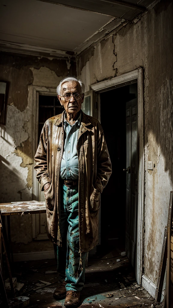 Elderly man painted in oil a surreal work of art in an old, run-down house