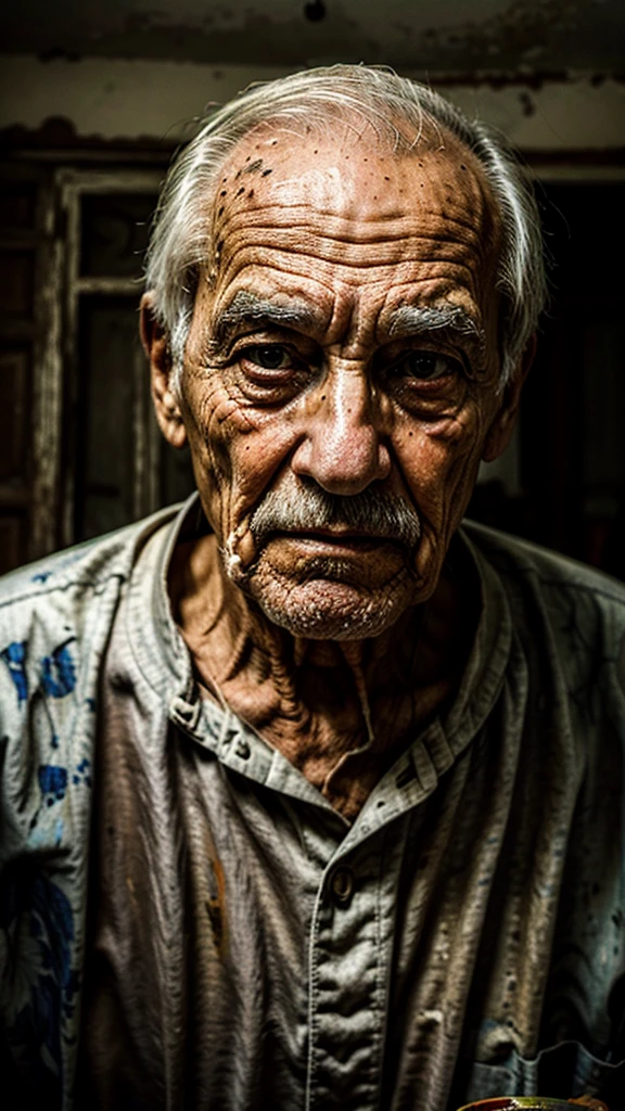 Elderly man painted in oil a surreal work of art in an old, run-down house