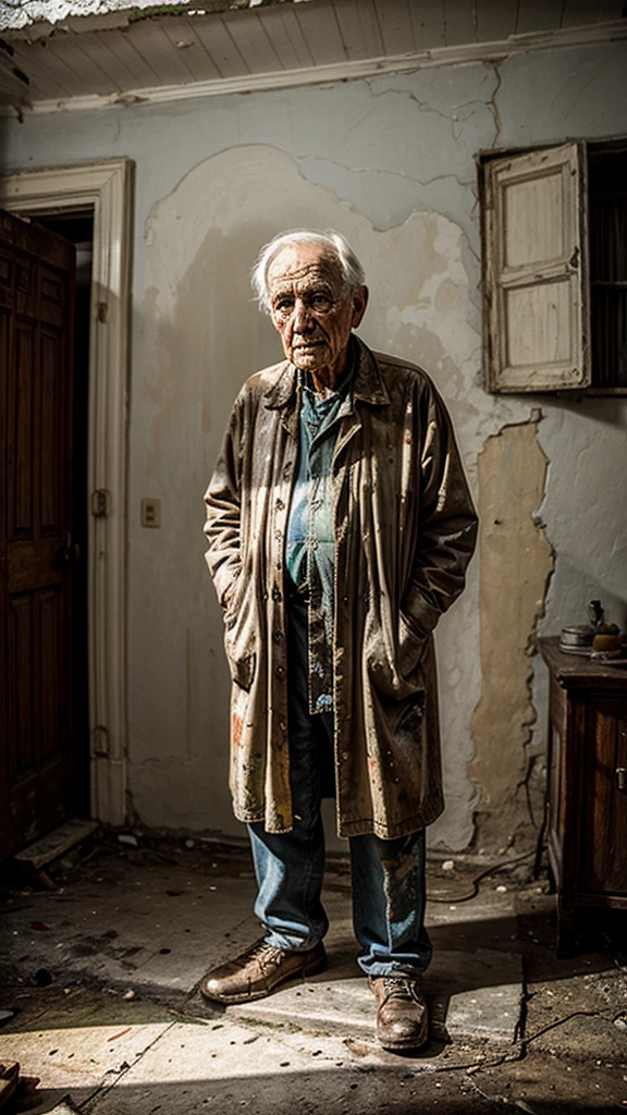 Elderly man painted in oil a surreal work of art in an old, run-down house