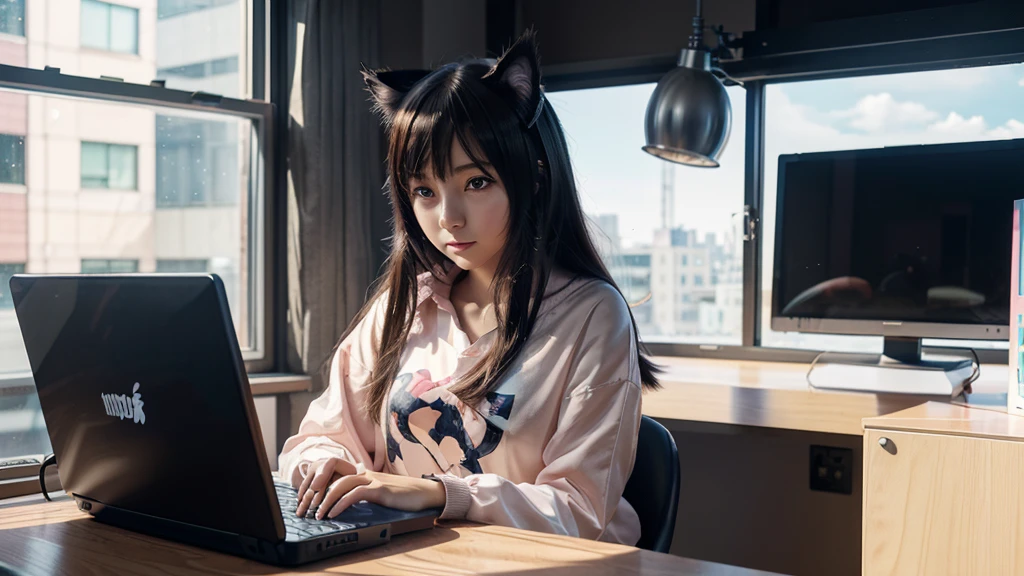 anime girl sitting at a desk with a cat and a laptop, digital anime illustration, lofi artstyle, anime style 4 k, by Yuumei, alice x. zhang, makoto shinkai cyril rolando, lofi art, lofi girl, anime style. 8k, tokyo anime scene, anime style illustration, anime art wallpaper 4k