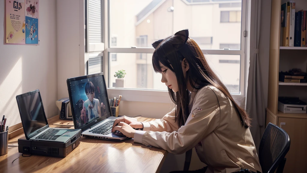 anime girl sitting at a desk with a cat and a laptop, digital anime illustration, lofi artstyle, anime style 4 k, by Yuumei, alice x. zhang, makoto shinkai cyril rolando, lofi art, lofi girl, anime style. 8k, tokyo anime scene, anime style illustration, anime art wallpaper 4k