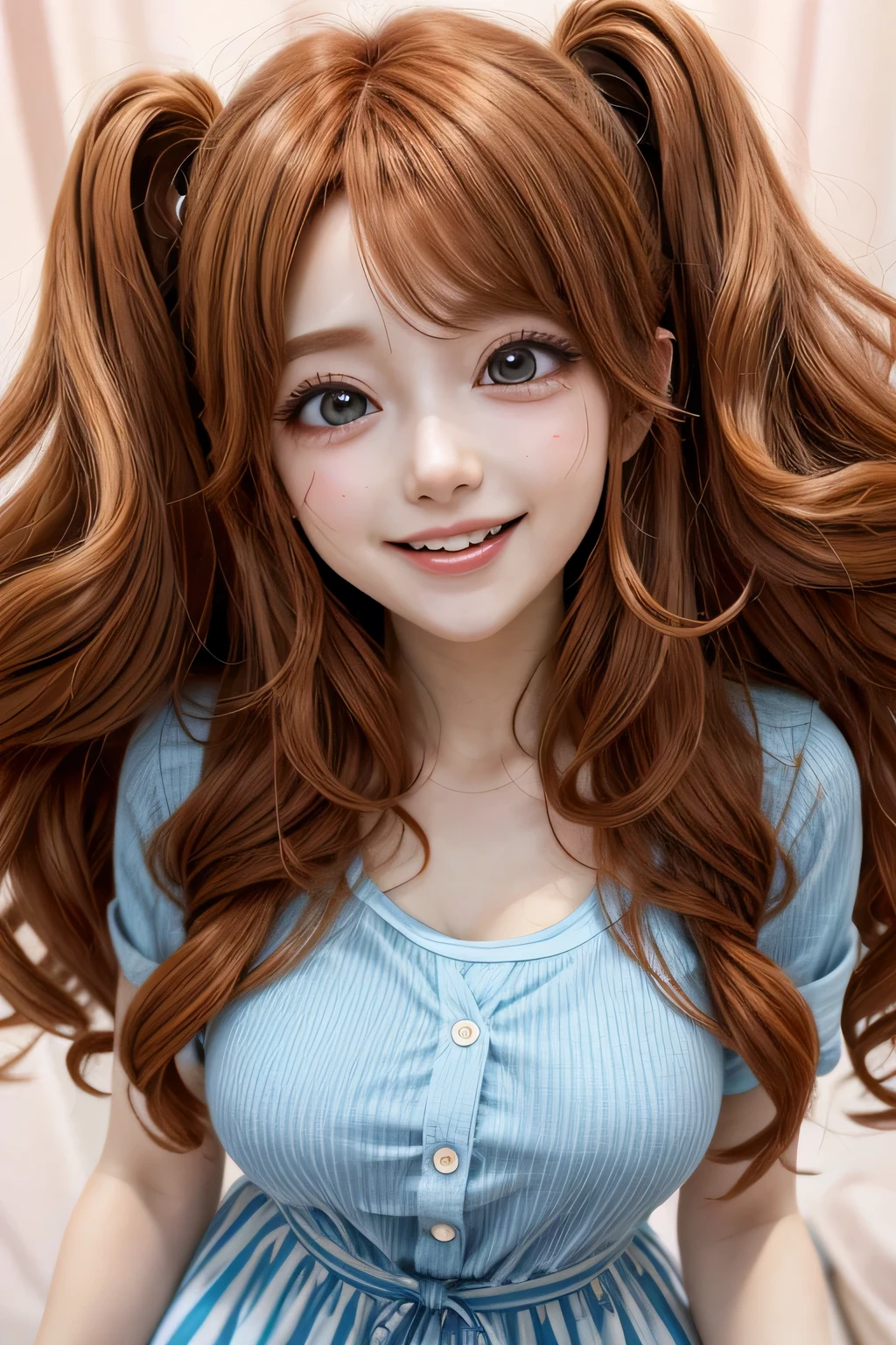 anime styling, russet hair, big hair, curly hair, bochechas grandes, eyes browns, big mouth, Grinning, fly away, kawaii