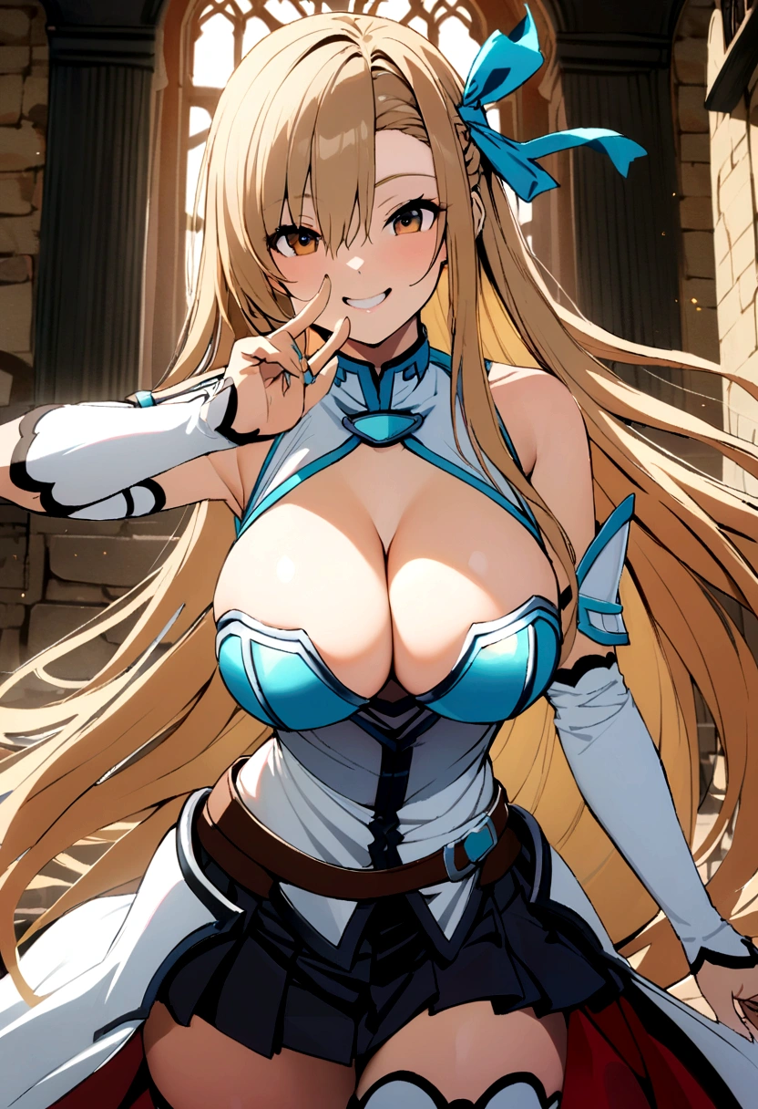 asuna, long_hair, breasts, looking_at_viewer, smile, blonde_hair, brown_eyes, large_breasts, bikini_armor, skirt, cleavage, pose, indoor, castle