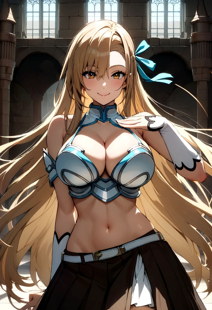 asuna, long_hair, breasts, looking_at_viewer, smile, blonde_hair, brown_eyes, large_breasts, bikini_armor, skirt, cleavage, pose, indoor, castle