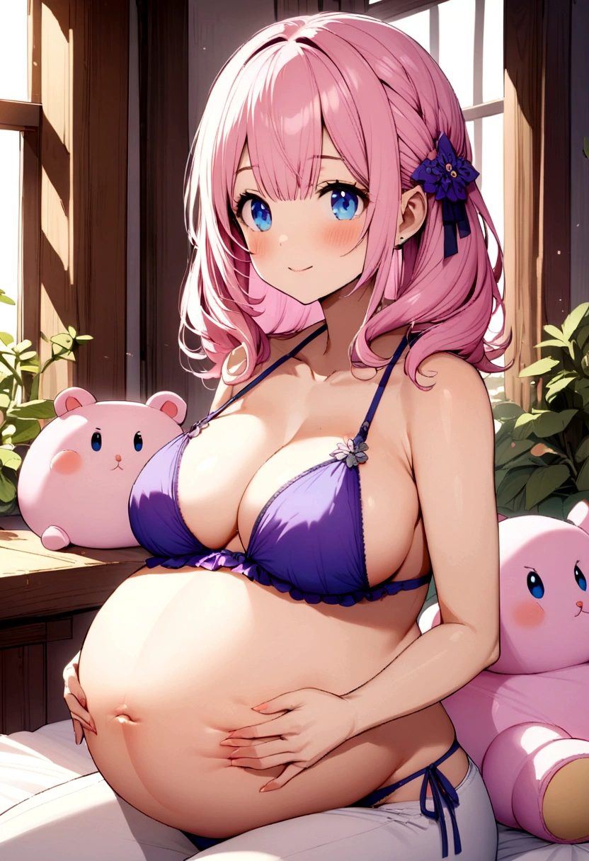 pregnant cute short young with long pink hair, blue eyes in purple bikini, both happy with a big round stuffed belly