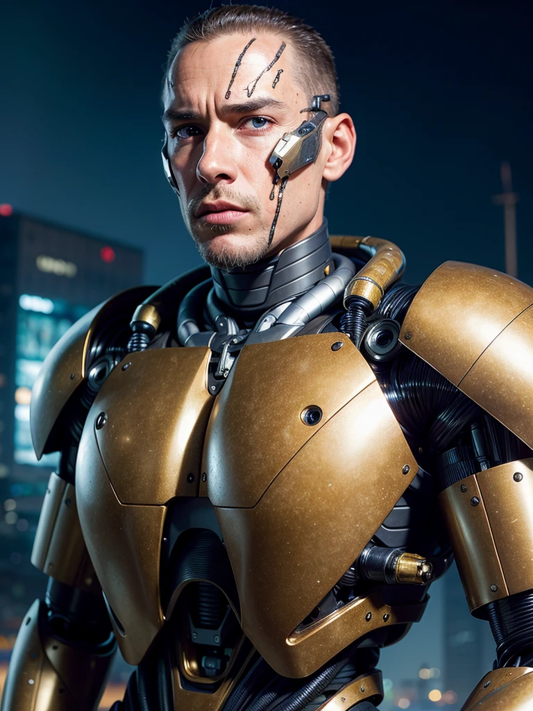 (best quality, masterpiece, highest detailed), (photorealistic:1.2), (detailed light:1.2), (Realistic skin texture:1.4), raw photo, fantastic style, professional portrait, man and kior, half-human, half- machine, (terminator), in the robot cemetery, night, future war, (in the background there is a robot cemetery)