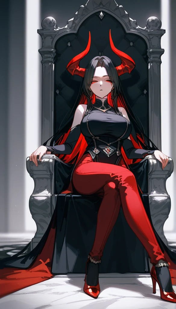 masterpiece, Score_9, Score_8_up, Score_7_up, front view, 1 woman, alone, black hair with red, long hair, parted bangs, dark red eyes, half-closed eyes, parted lips, expressionless, pale skin, large breasts, body suit, black bottom, best quality, horns up, long open bangs, black sleeveless shirt, black V-neck, red baggy pants, high heels, Sitting on a throne.