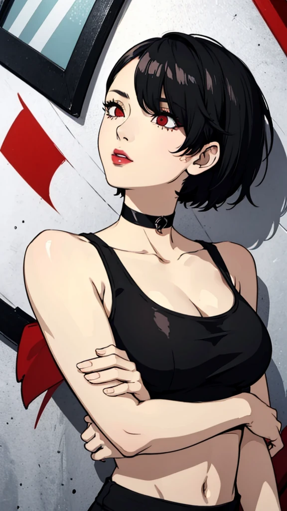 1 girl, milf, Red eyes, very Short hair, hair over one eye, black choker, lipstick, sad, black hair, tomboy Pixie haircut, tomboy Pixie haircut, tank top, portrait
