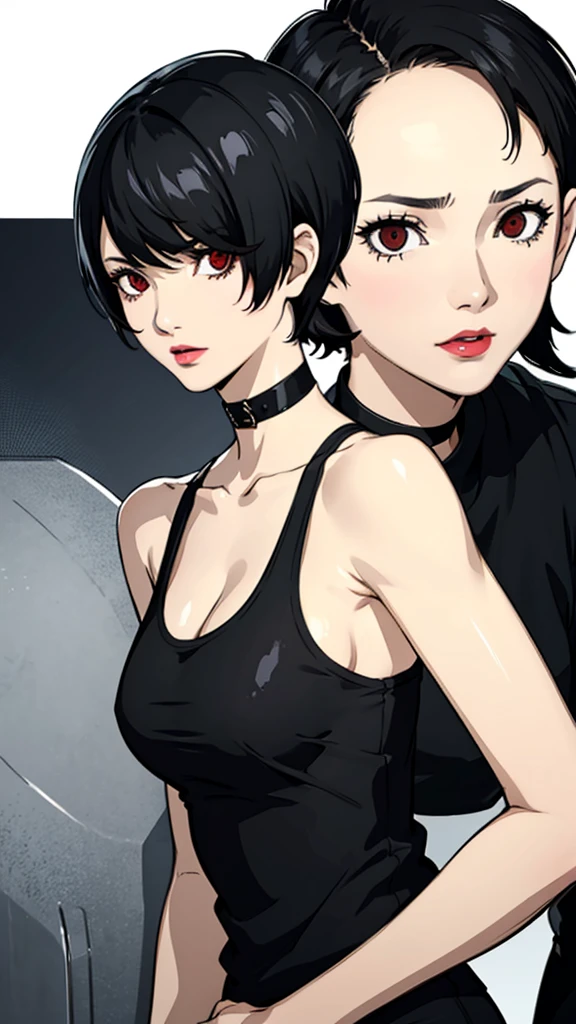 1 girl, , Red eyes, very Short hair, hair over one eye, black choker, lipstick, sad, black hair, tomboy Pixie haircut, tomboy Pixie haircut, tank top, portrait