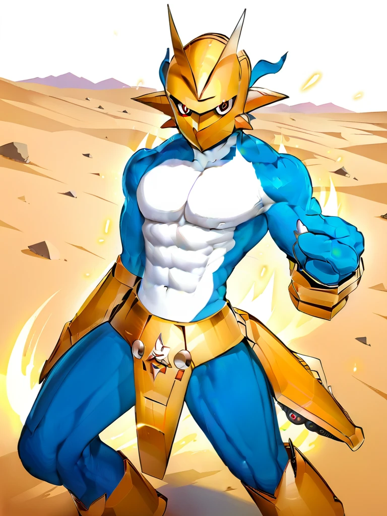 solo,angry ,Magnamon,tall,（musclar：1.5）,blue and white skin,(battle damaged:1.5),(topless Magnamon:2),(armor fragments:1.5),(shirtless:1.5), fighting_stance, in desert ,full_shot
