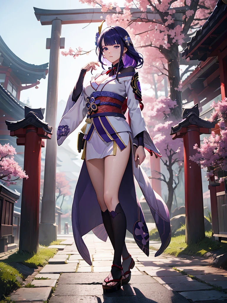 ((Full body image:1.4))Japanese Shrines, (Highest quality,Realistic,masterpiece:1.2,8k wallpaper:1.2),((Pale skin)),One Girl,women only,((raidenshogundef)),Lightning Particles,Purple Lightning,Light background,cherry blossoms,Purple Theme,Delicate facial features,Sexy and beautiful anime girls,General Raiden,Long purple hair,Rosy lips,Anime Mouth,shut up.,(Very sad face),Big breast type,